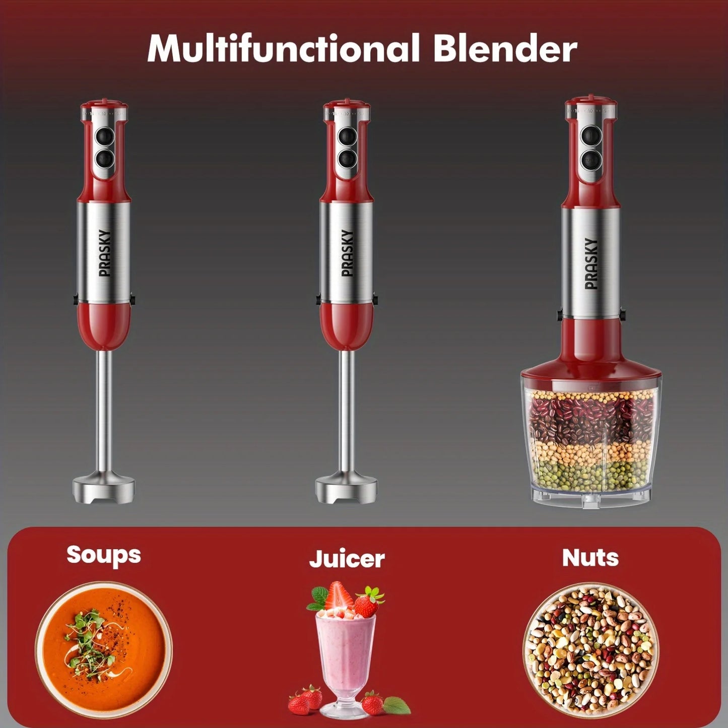 Prasky 5-In-1 Handheld Immersion Blender With Whisk And Meat Chopper