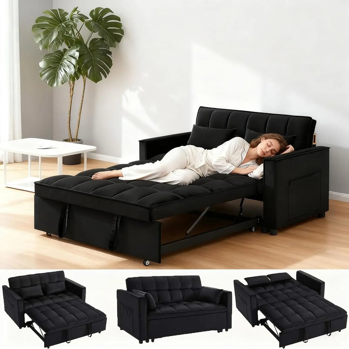 3-In-1 Velvet Sleeper Sofa Bed With Storage Convertible Couch