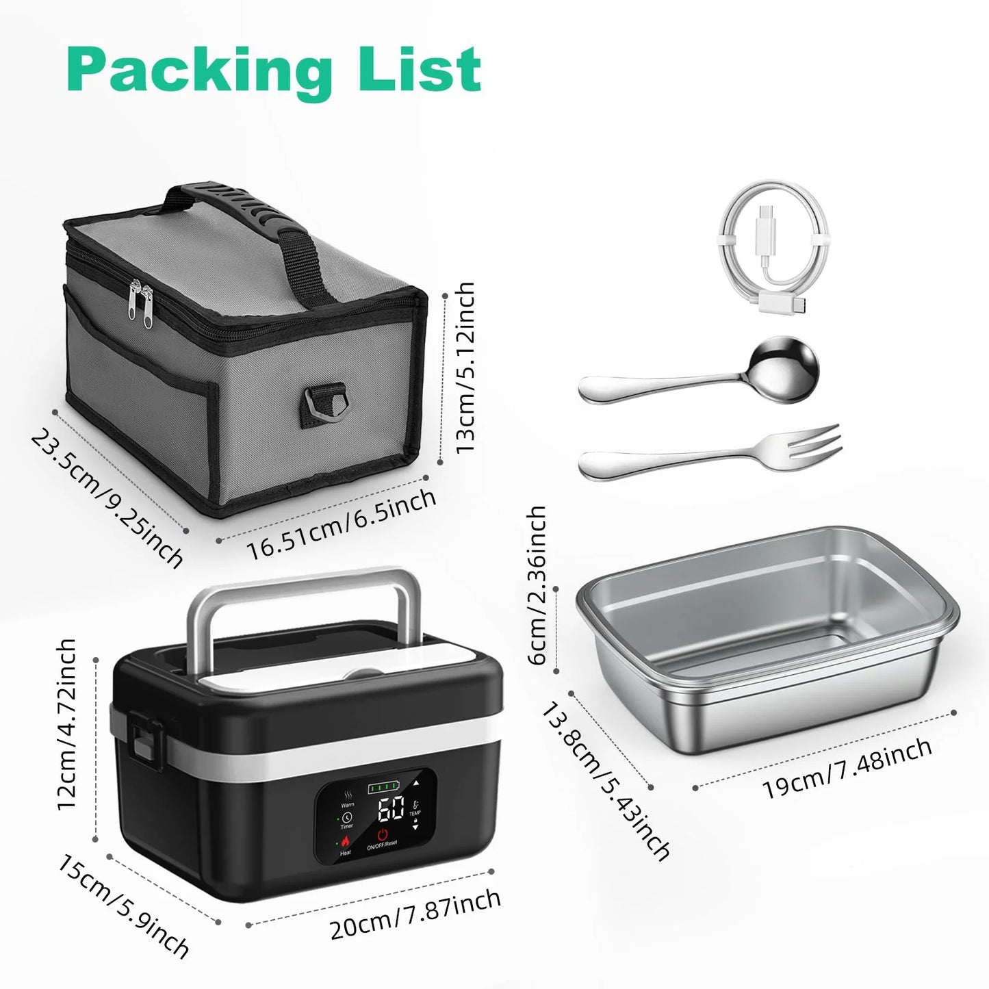 Wireless Electric Insulated Lunch Box With 8000mAh Battery 60W Heating