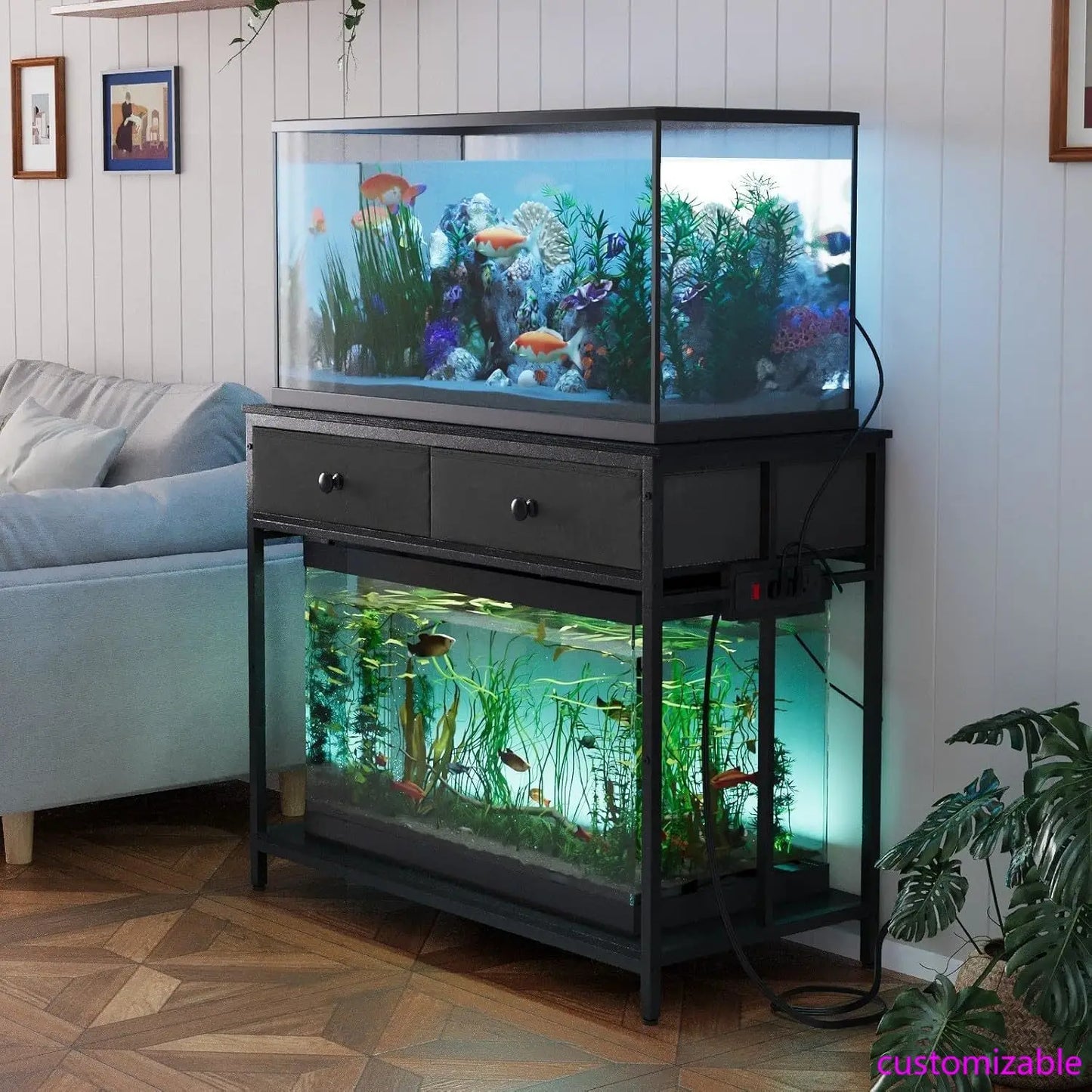 Aquarium Stand With Power Outlet And Metal Frame Cabinet Storage
