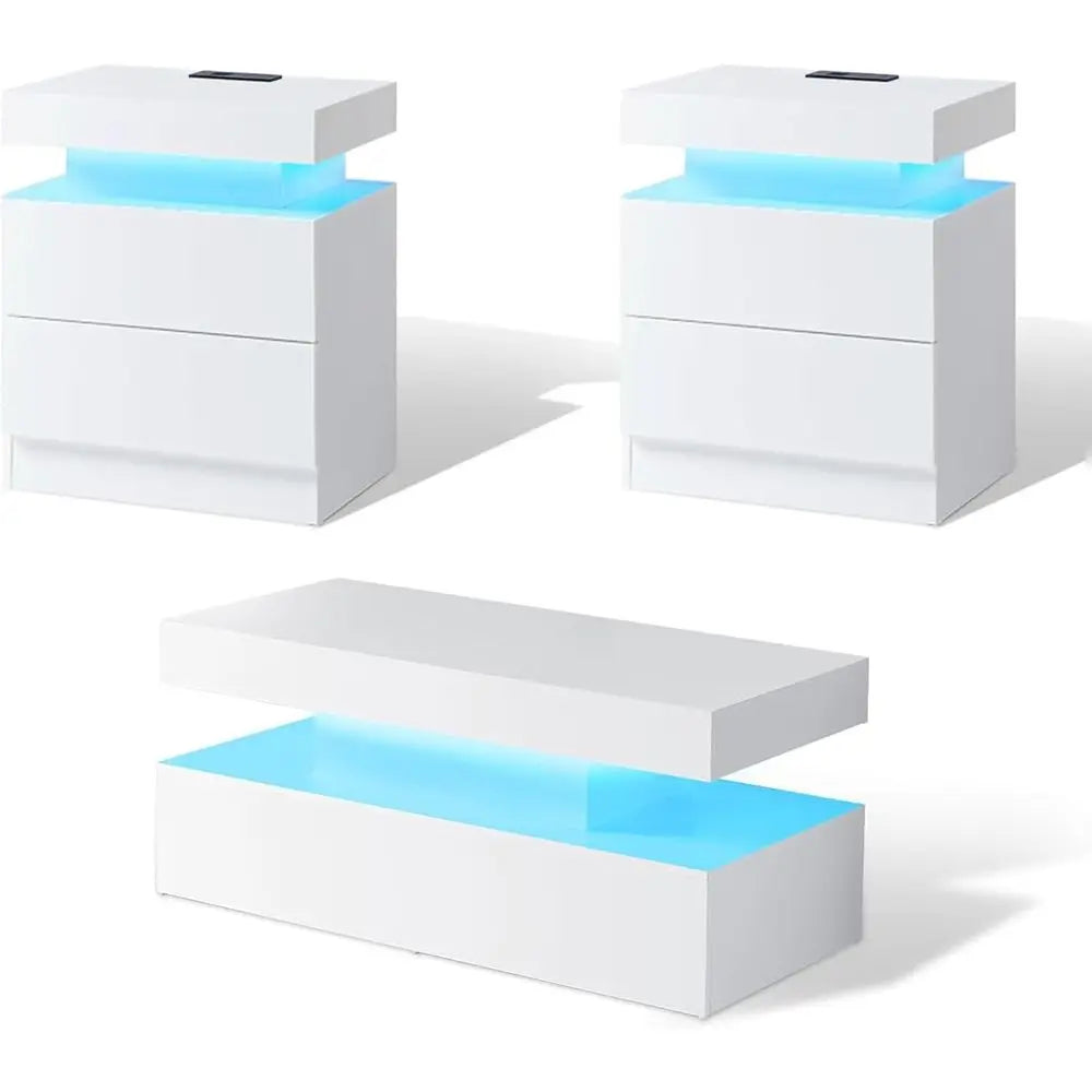 Modern LED Illuminated Living Room Table Set With Charging Station