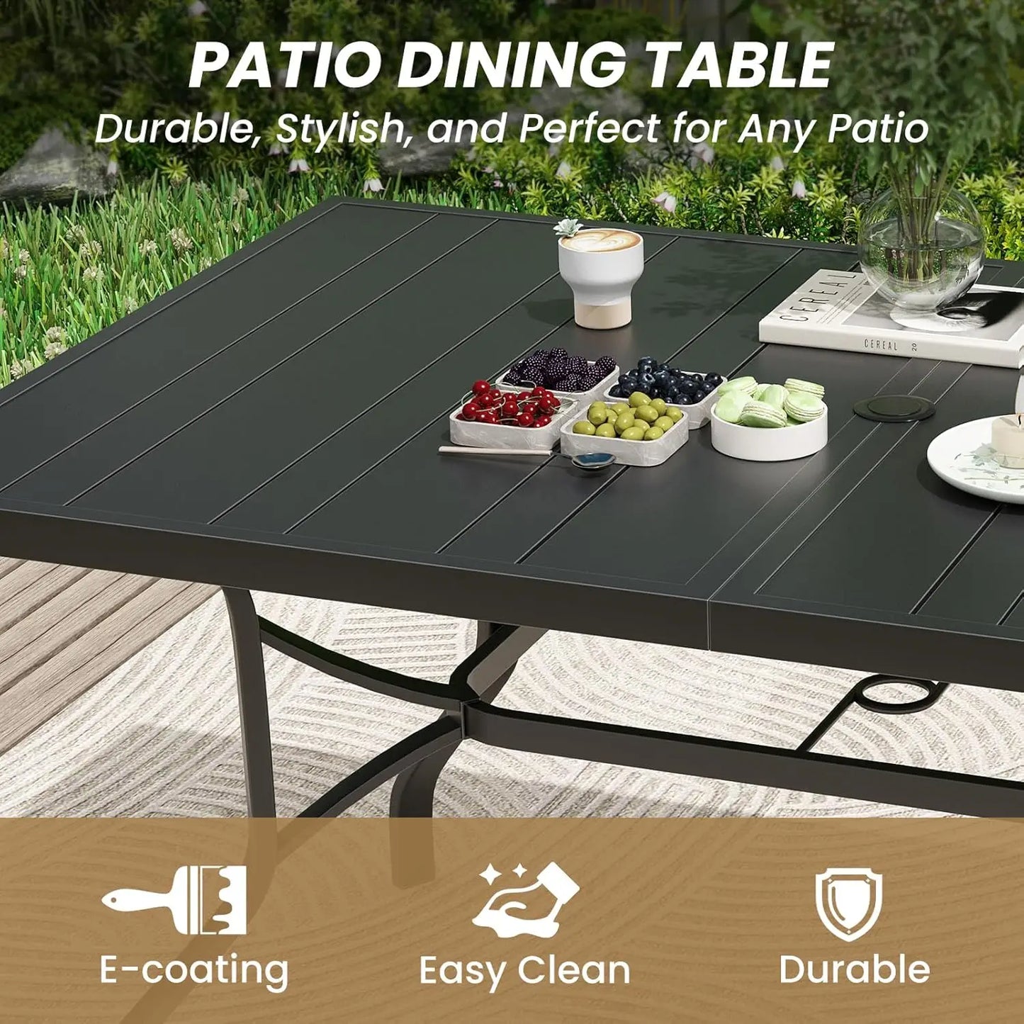 Outdoor Rectangular Patio Dining Table With Umbrella Hole Metal