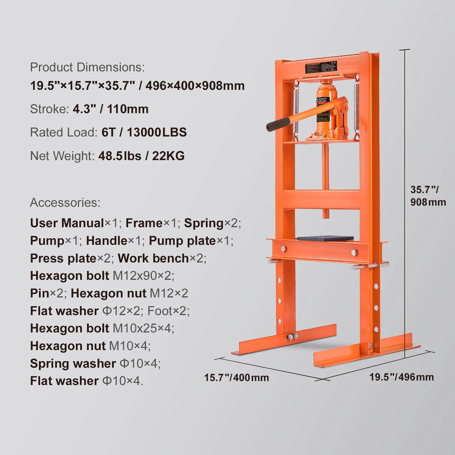 SucceBuy 6T H Frame Hydraulic Shop Press For Garage Workshop