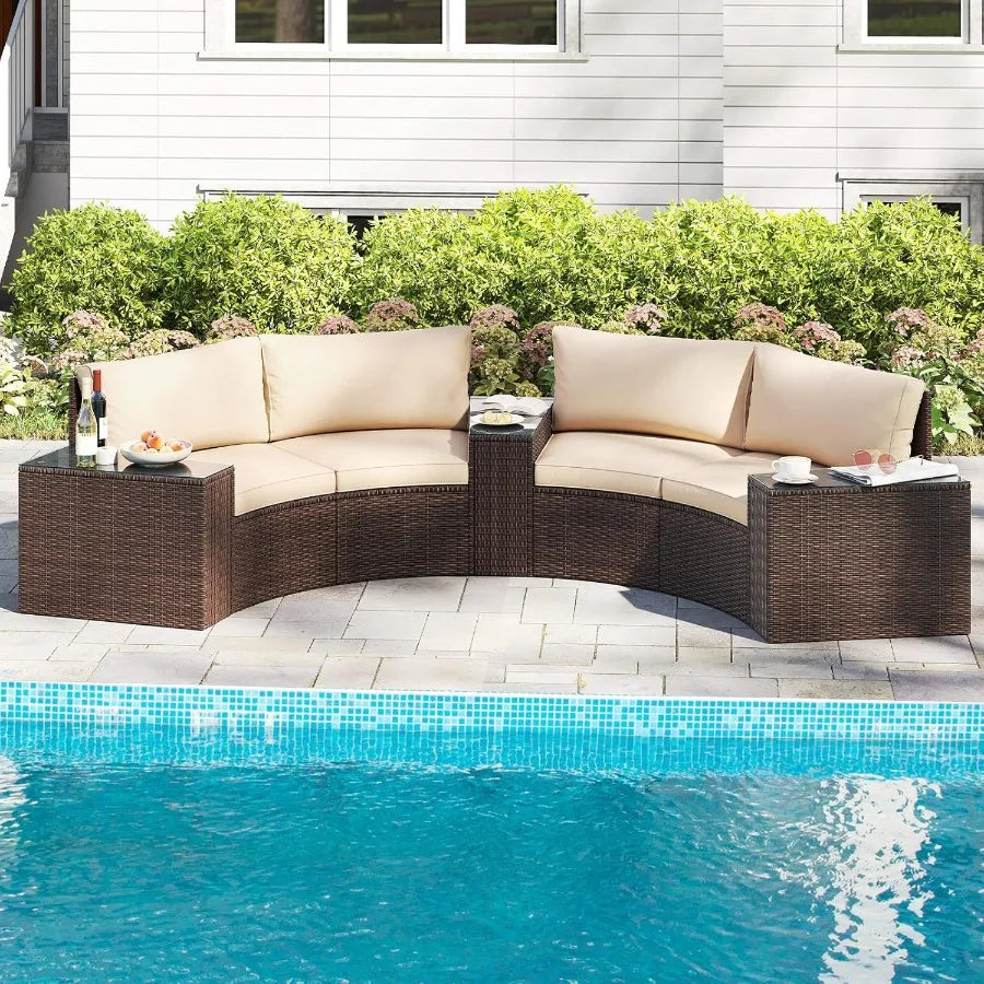 PE Rattan Half Moon Patio Sectional Set With Glass Tables