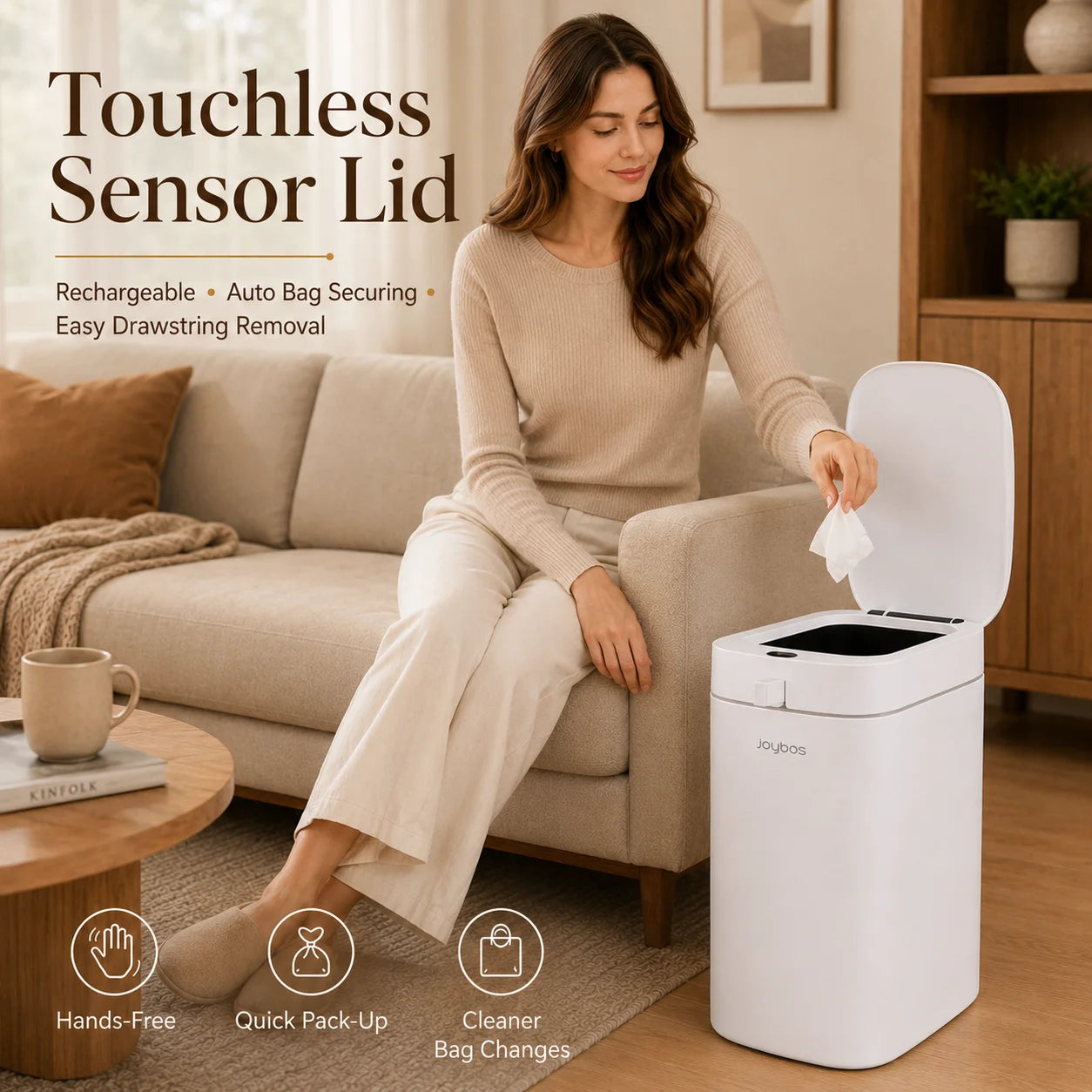 Joybos Auto-Lining Touchless Trash Can With Free Drawstring Bags