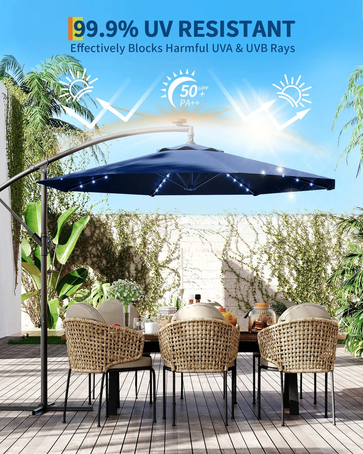 HiMISS Offset Cantilever Patio Umbrella With Solar Led Lights