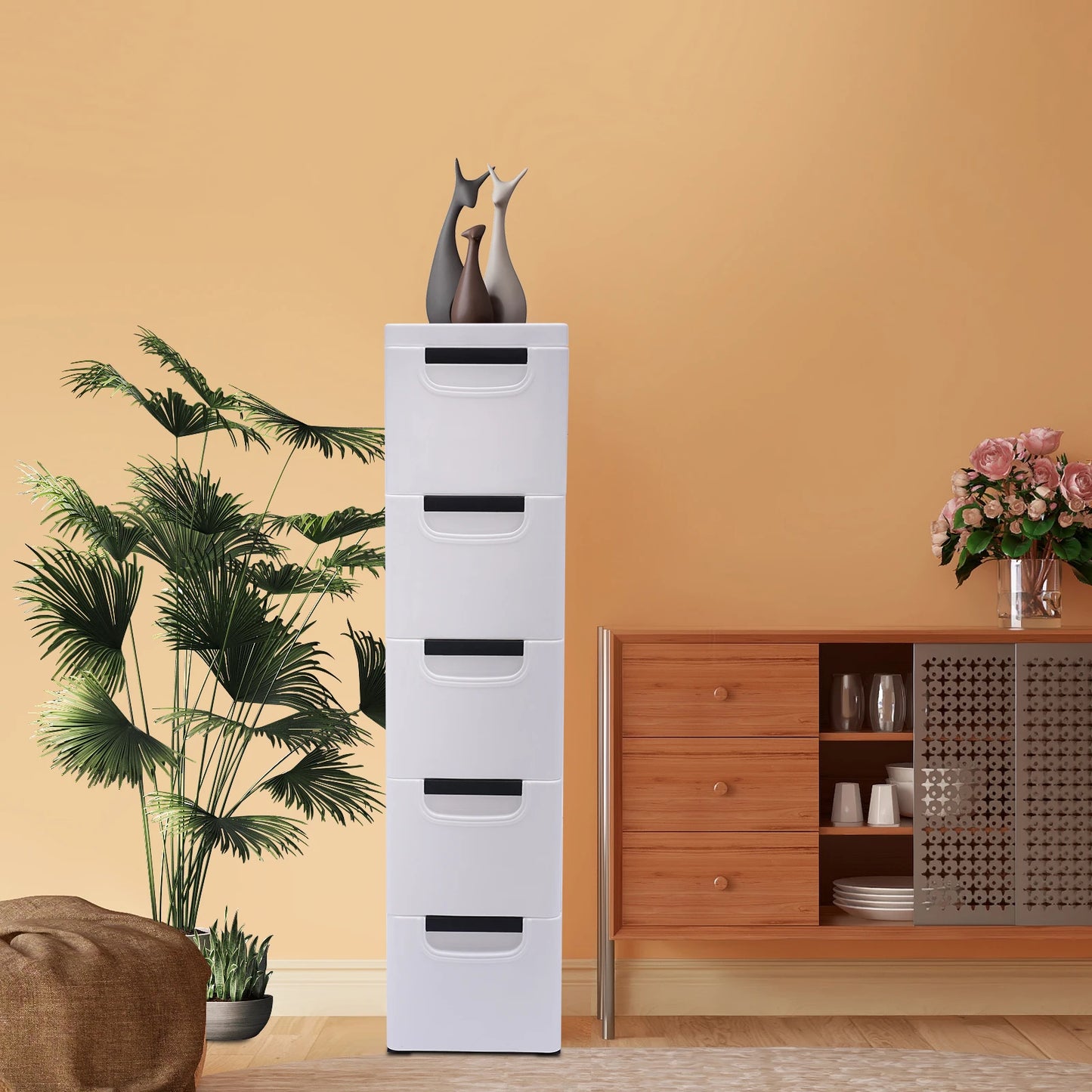 Large Capacity Storage Cabinet with 5 Compartmentalized Design Drawers, Organized Storage Cabinet , Flexible Movement