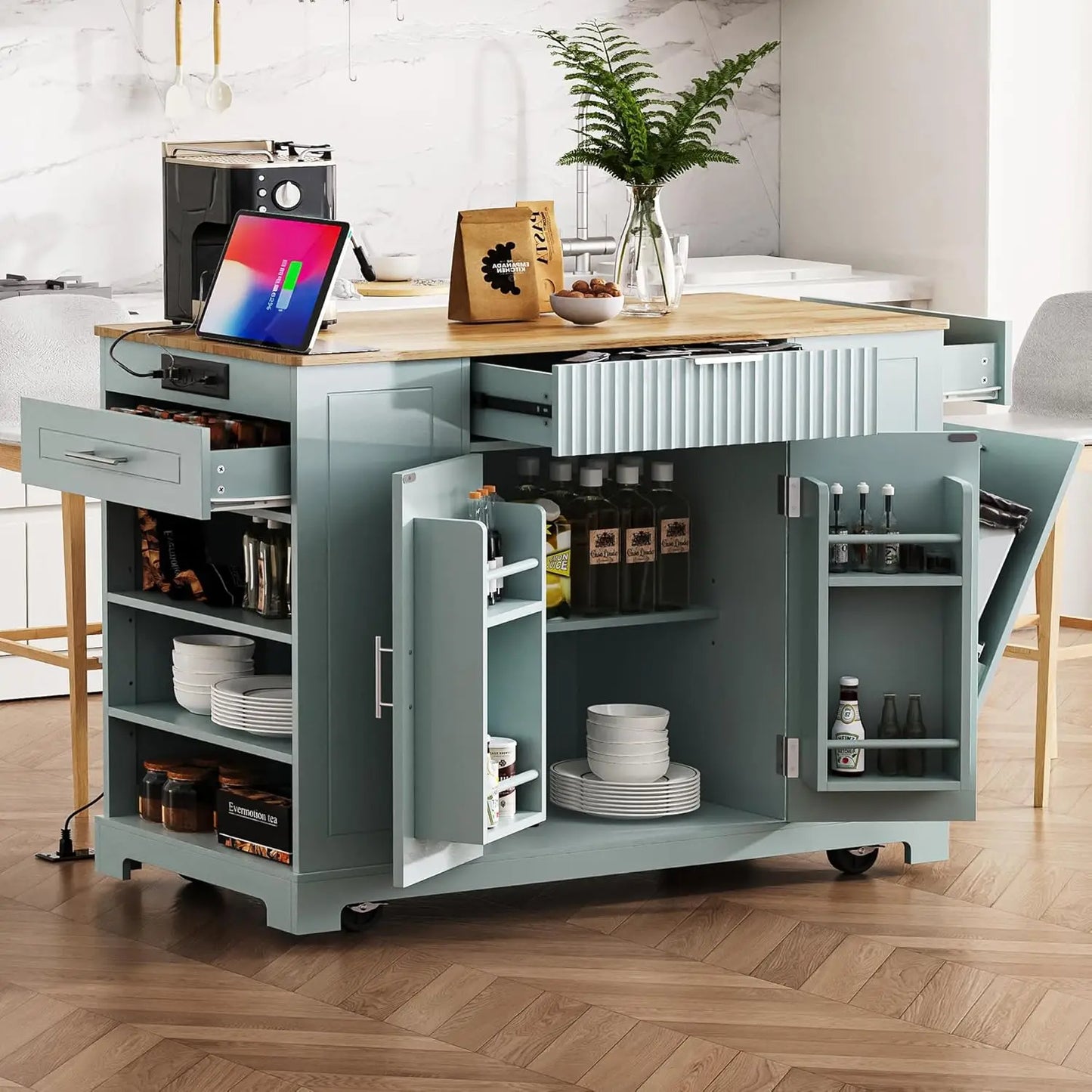 Fluted Rolling Kitchen Island With Power Outlet And Drop Leaf