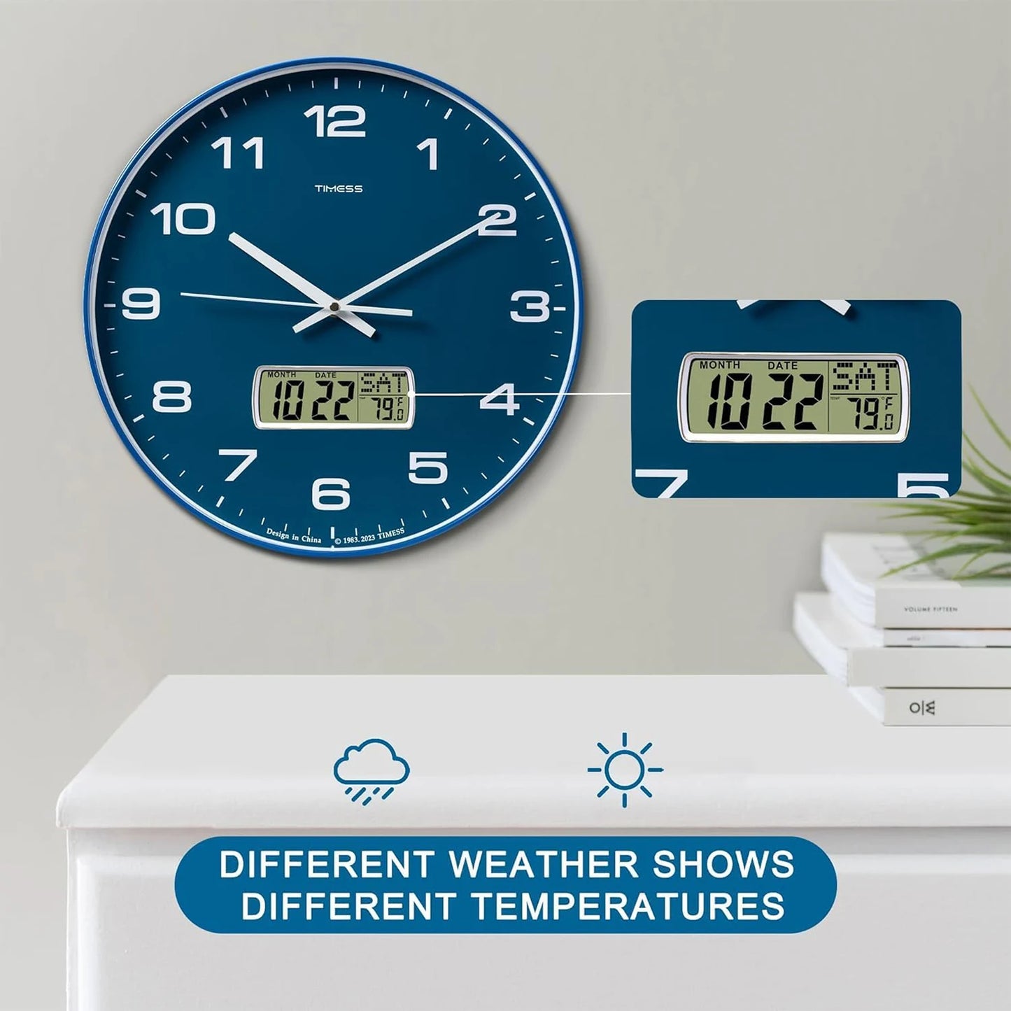 Timess Battery Operated Calendar Wall Clock With Fahrenheit Temperature Display