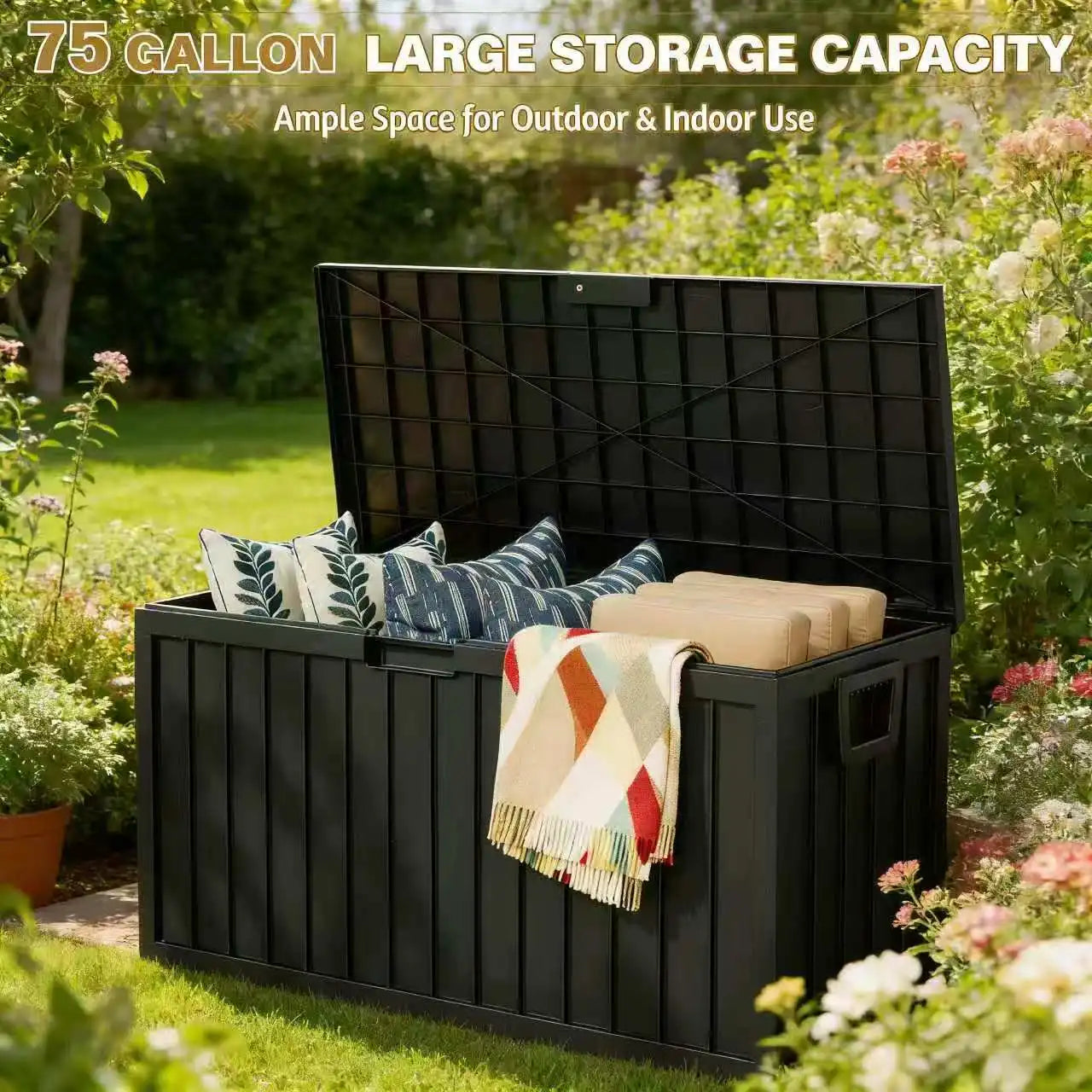 Outdoor Deck Box With Lockable Lid And Heavy Duty Hinged Door Plastic Storage