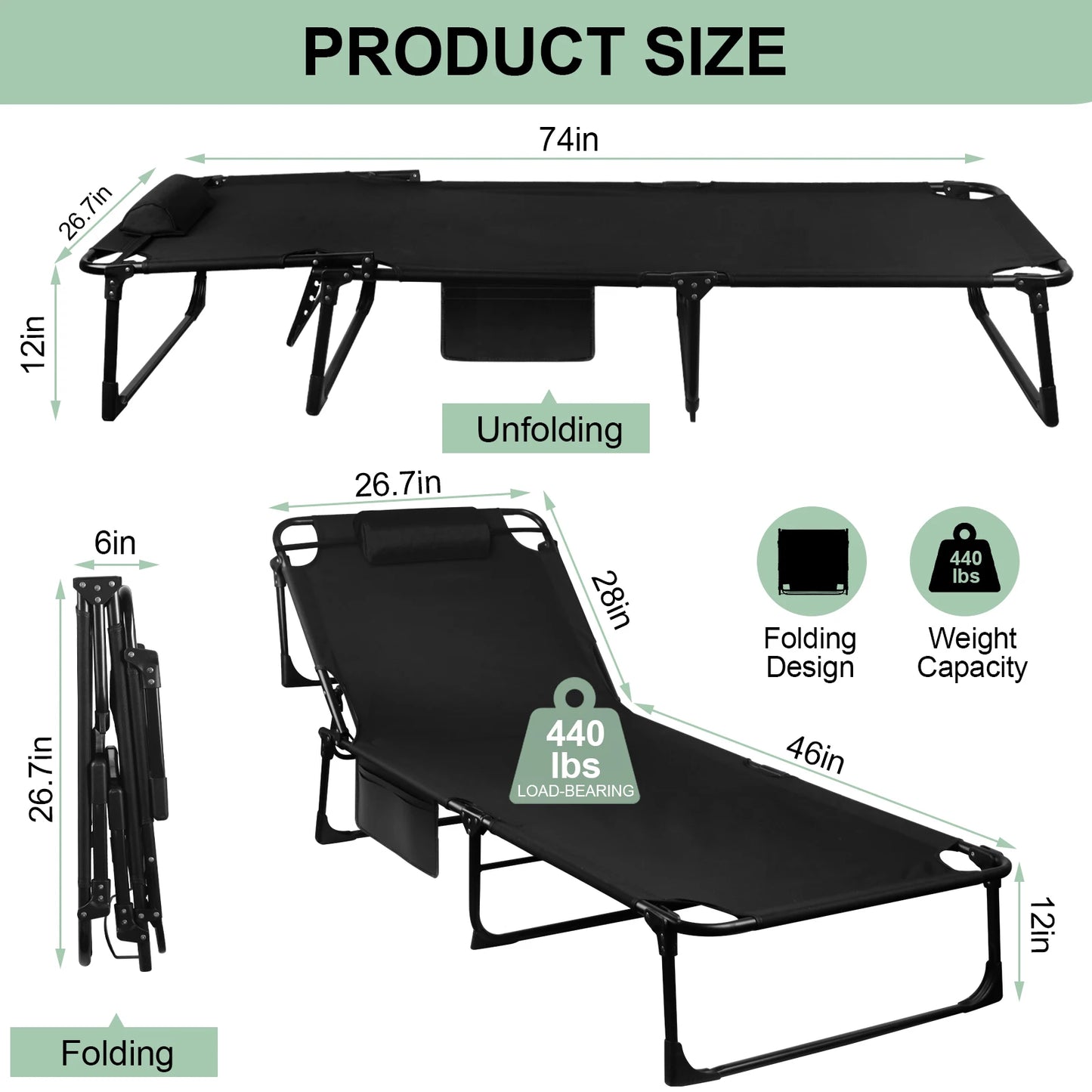 Portable Folding Camping Cot With Pillow For Outdoor Sleep