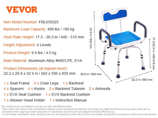 SucceBuy 360 Degree Swivel Shower Chair With Armrests And Backrest Non Slip