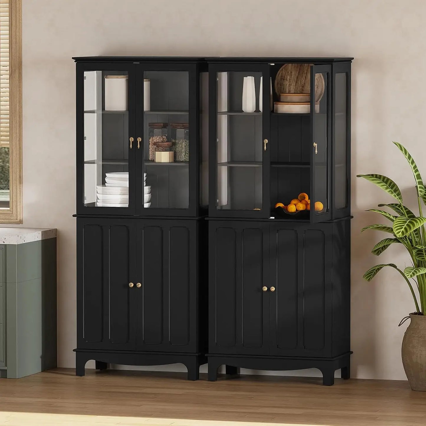 Guangbai Freestanding Kitchen Pantry With Glass Door And Adjustable Shelves