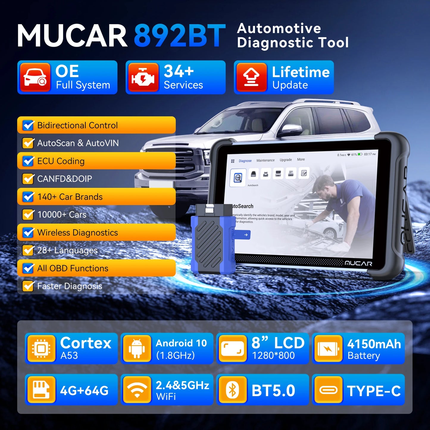 MUCAR 892BT AI Key Programming Diagnostic Tool OBD2 Scanner CAN FD DOIP