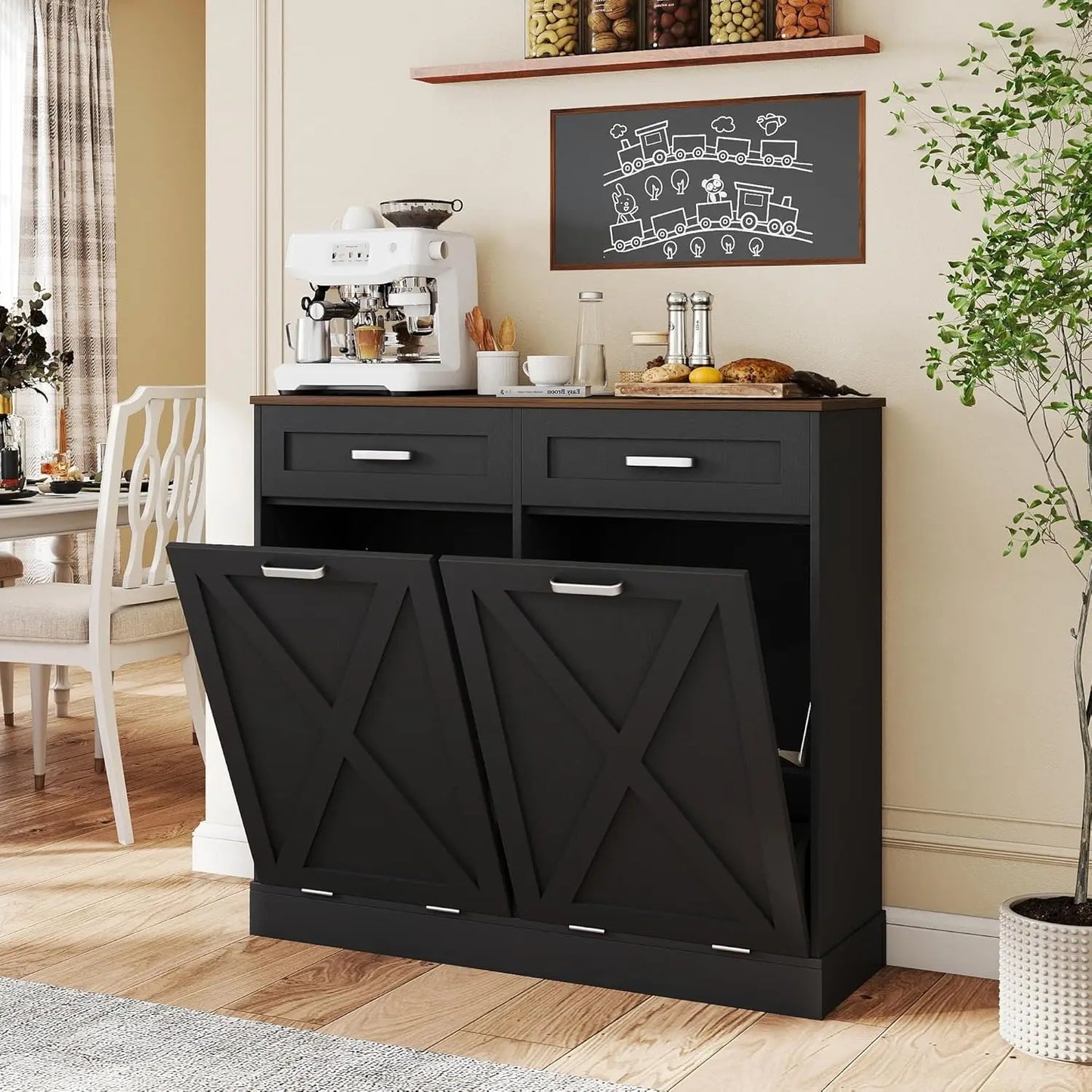 Double Tilt Out Trash Can Cabinet With Hidden Storage Drawers