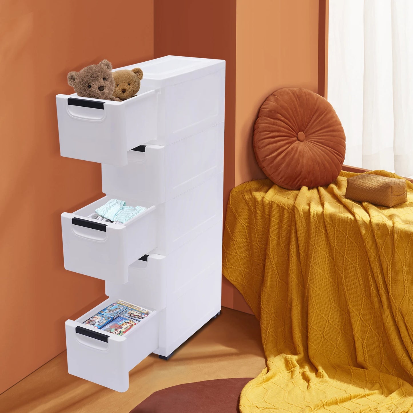 Large Capacity Storage Cabinet with 5 Compartmentalized Design Drawers, Organized Storage Cabinet , Flexible Movement