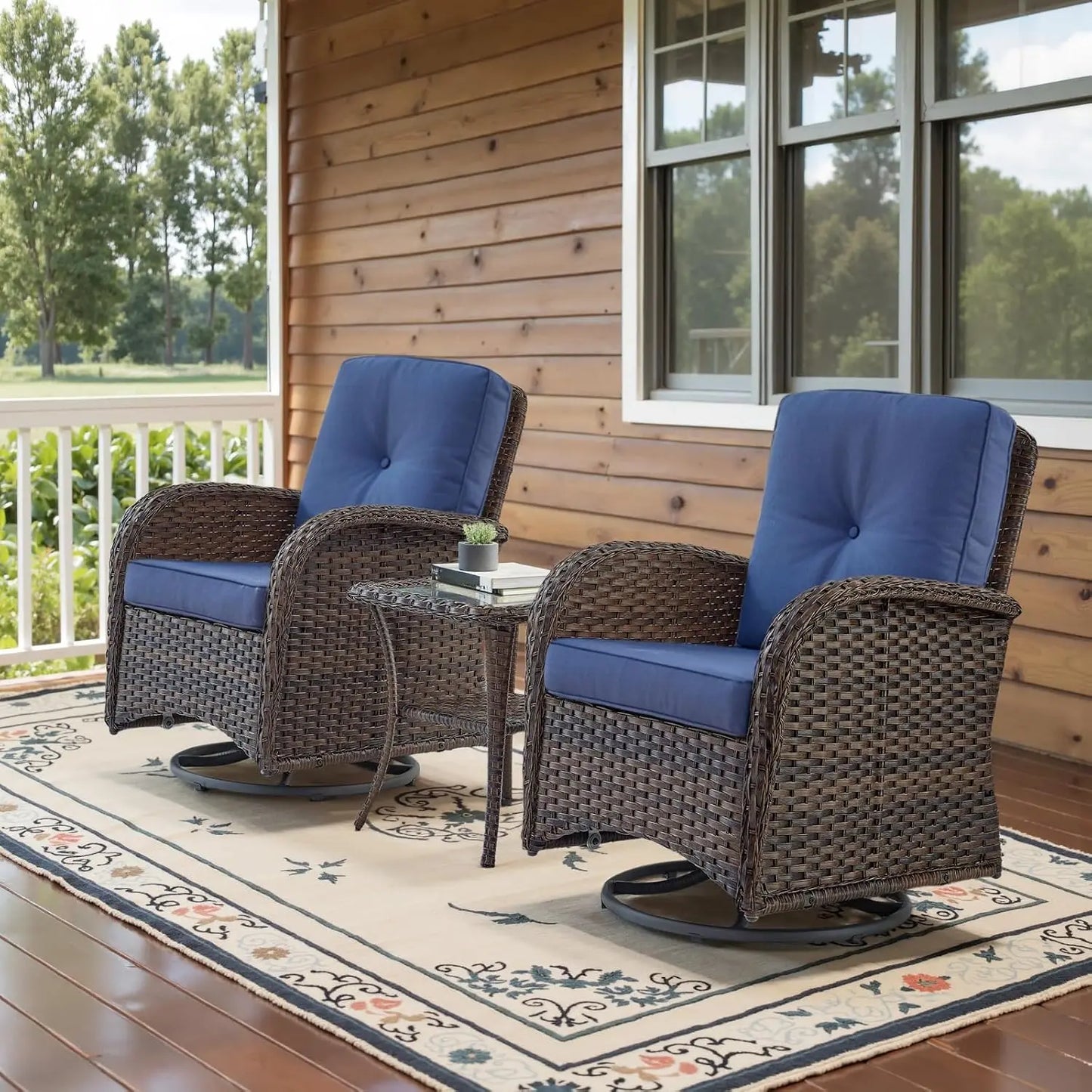 Wooden Outdoor Wicker Patio Swivel Rocker Glider Chairs Set With Side Table