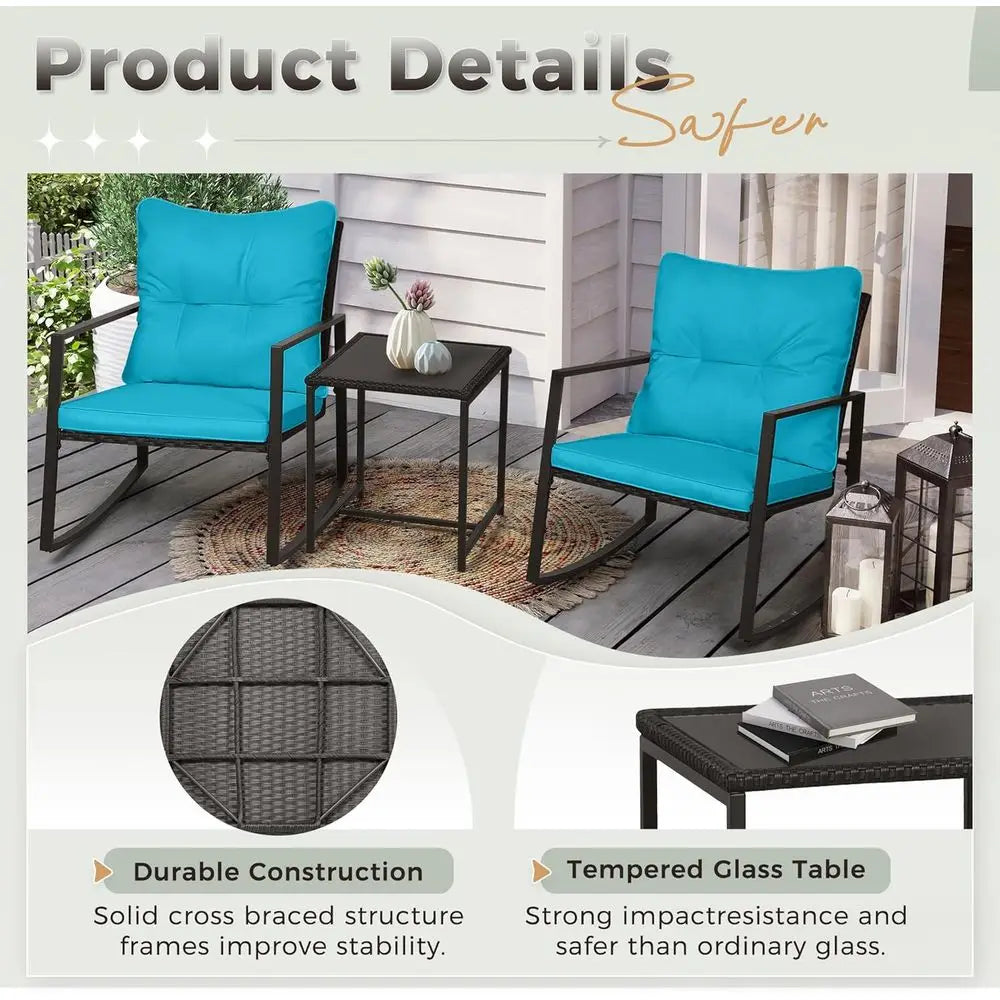 3-Piece Wicker Outdoor Rocking Bistro Set With Cushions Coffee Table