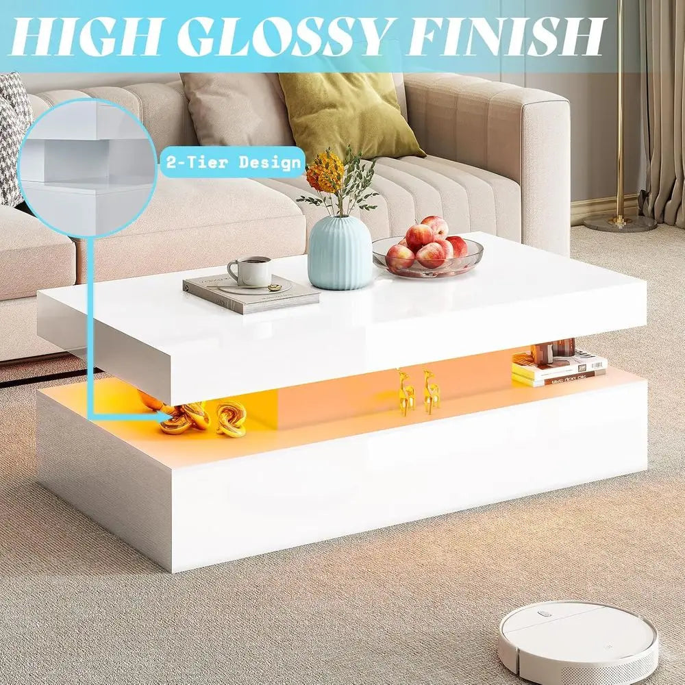 Modern LED Illuminated Living Room Table Set With Charging Station