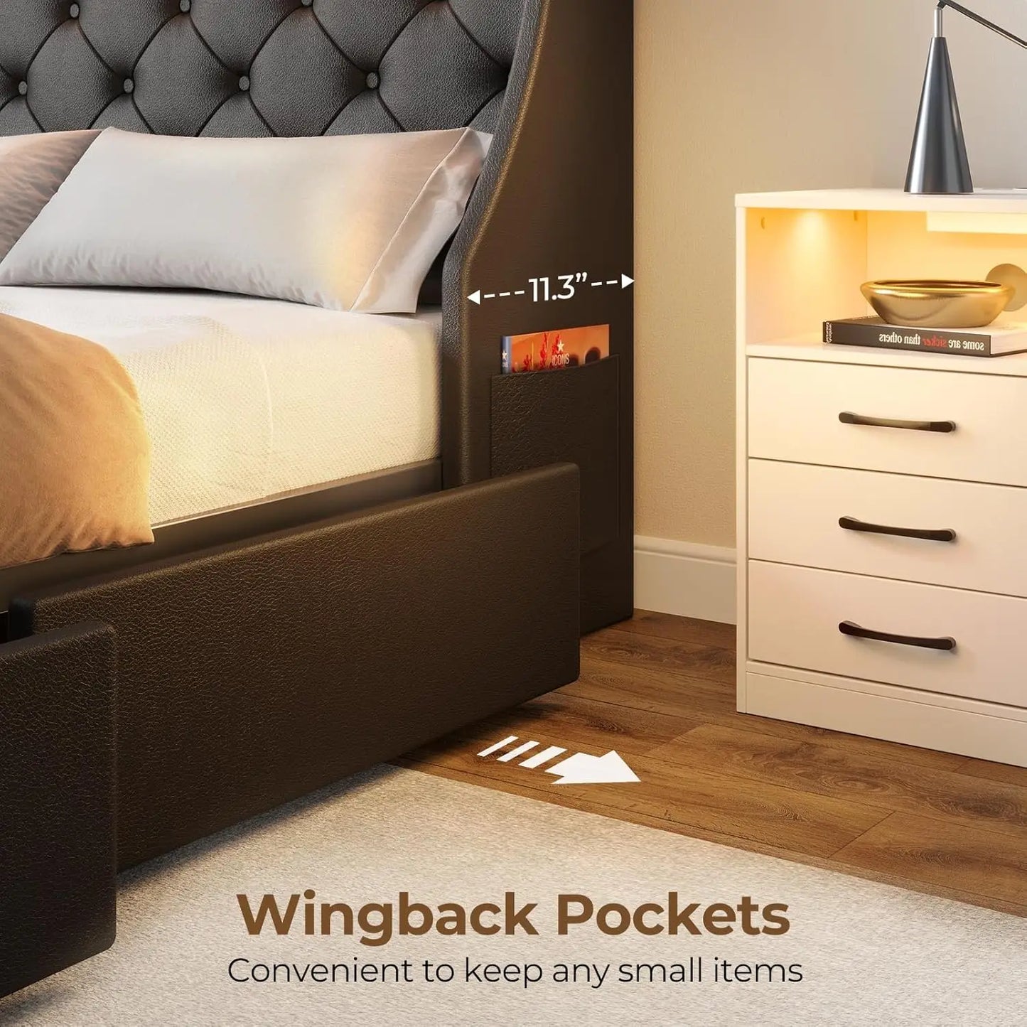 Queen Bed Frame With LED Lights And Charging Station