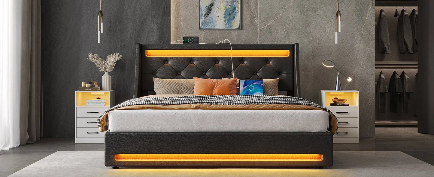 Queen Bed Frame With LED Lights And Charging Station