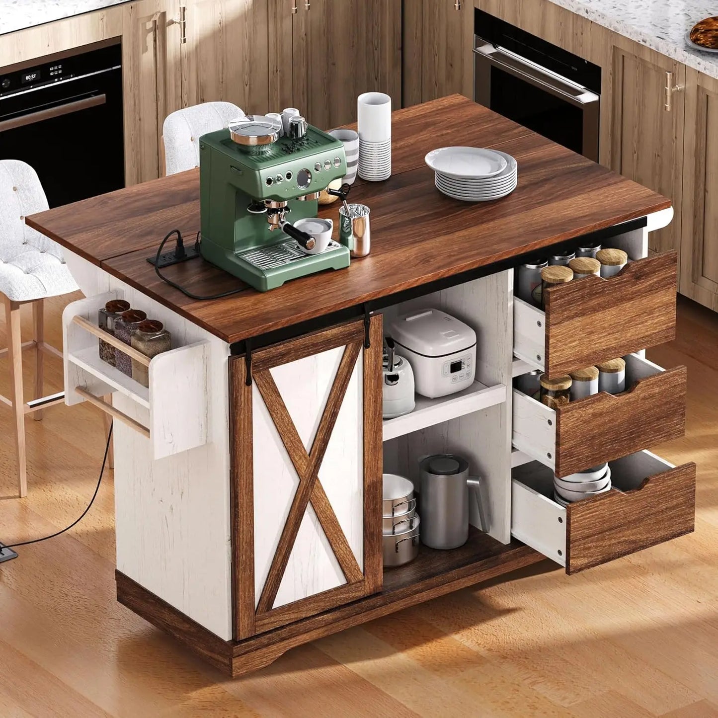 Fluted Rolling Kitchen Island With Power Outlet And Drop Leaf