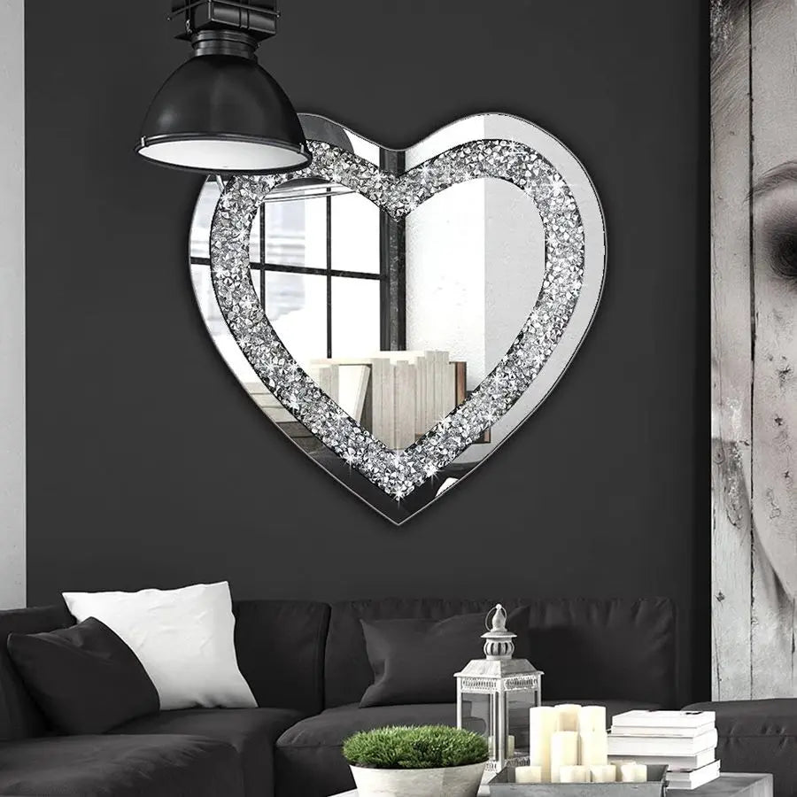 Crystal Crush Diamond Heart Shaped Silver Wall Decor Mirror Frameless