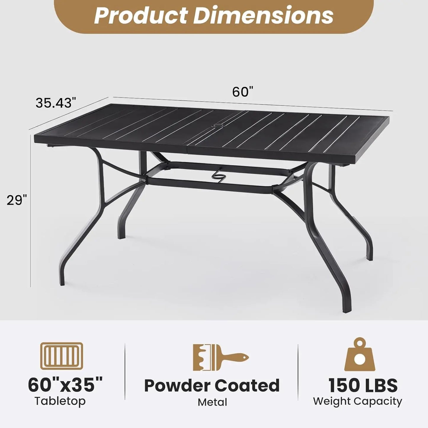 Outdoor Rectangular Patio Dining Table With Umbrella Hole Metal