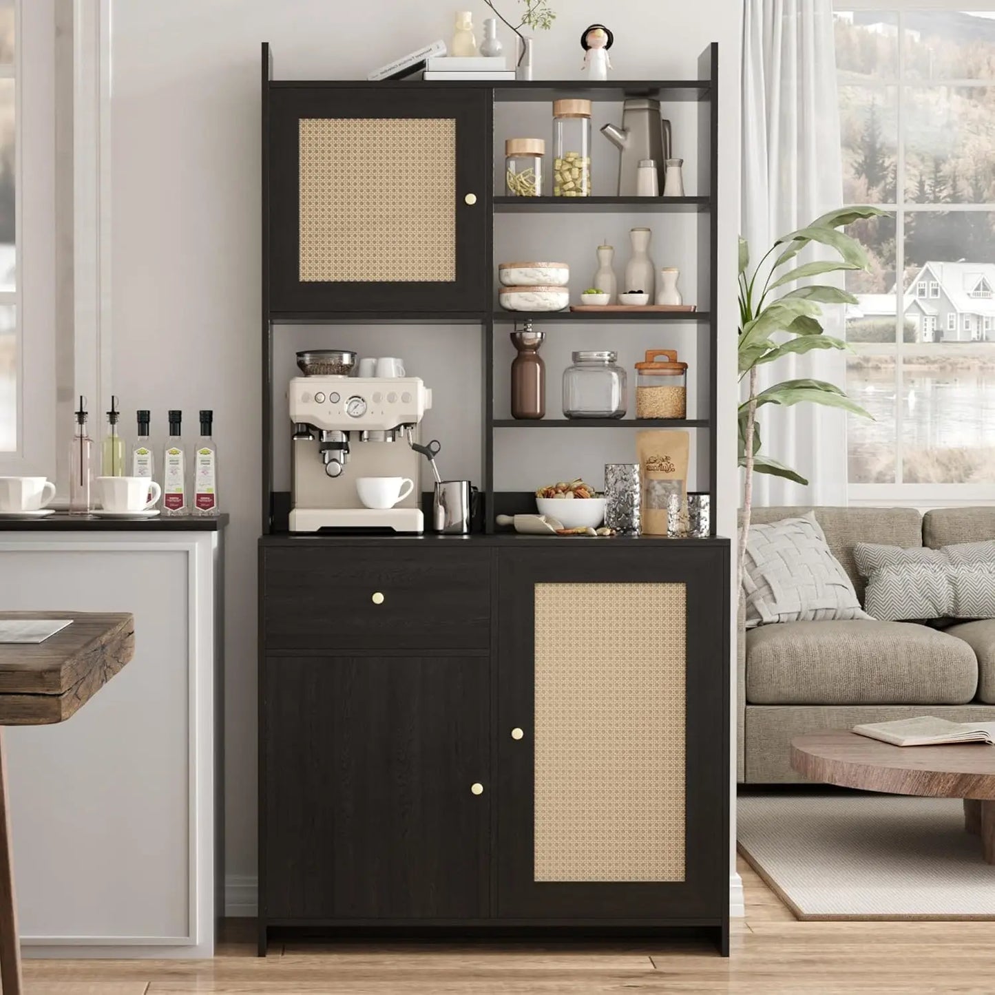 71in Kitchen Pantry Cabinet With Microwave Stand Adjustable Shelves Tall Storage Cabinet For Dining Room Living Room