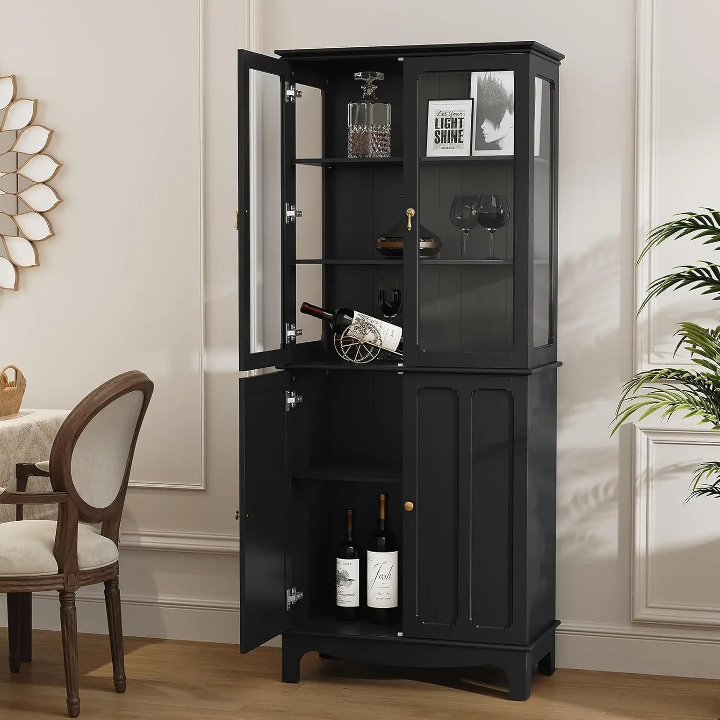 Guangbai Freestanding Kitchen Pantry With Glass Door And Adjustable Shelves