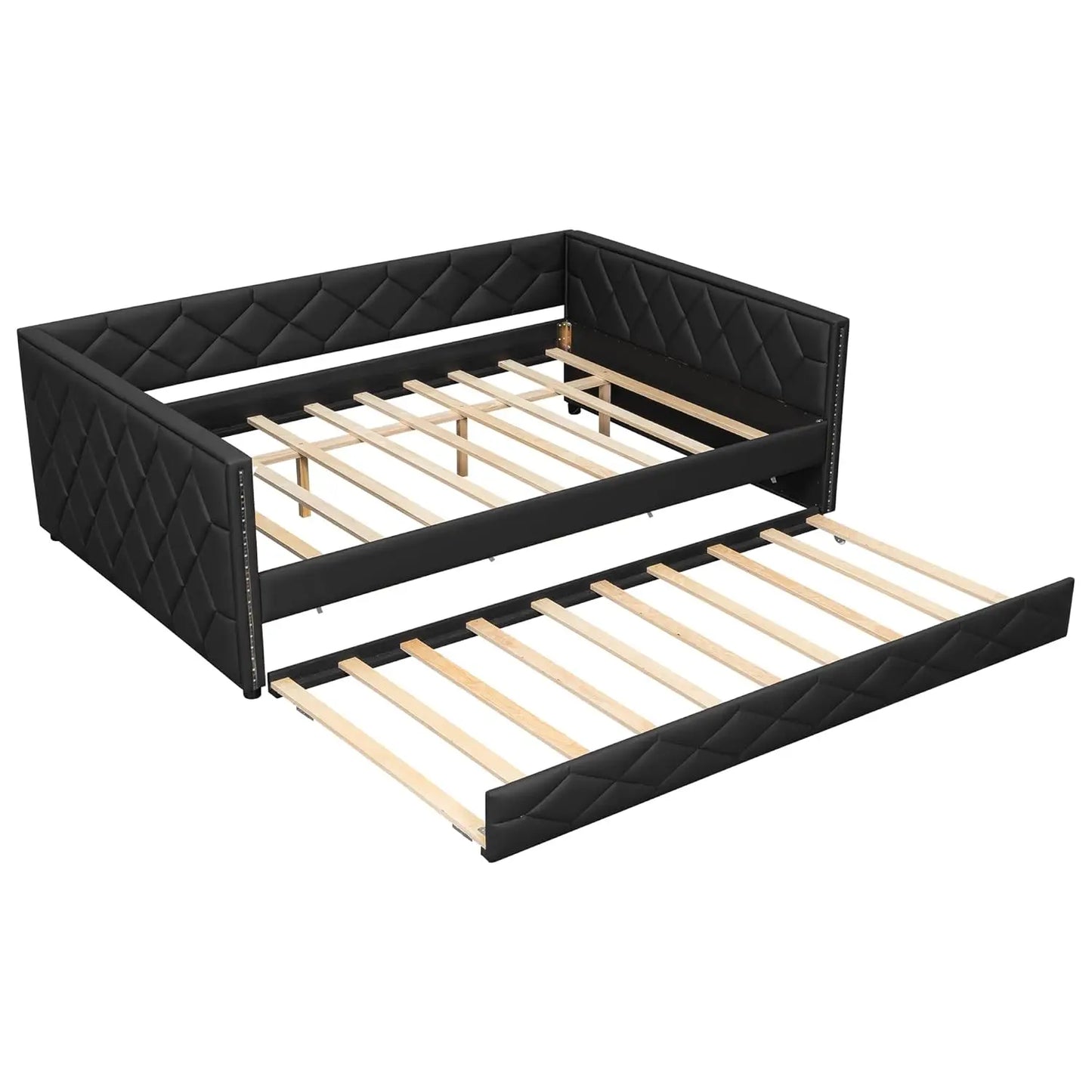 PU Upholstered Daybed With Trundle LED Sofa Bed Frame