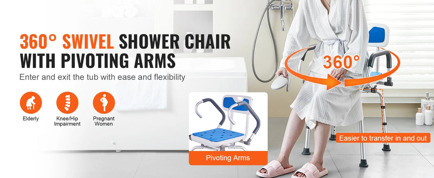 SucceBuy 360 Degree Swivel Shower Chair With Armrests And Backrest Non Slip