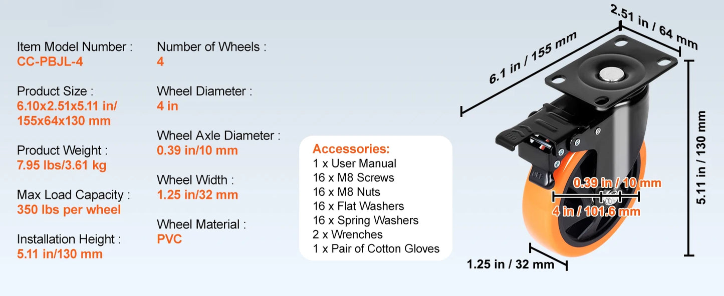 SucceBuy PVC Furniture Caster Wheels Set Of Four Swivel Casters