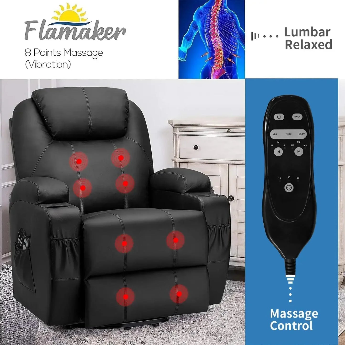 Flamaker Power Lift Recliner Chair PU Leather With Massage