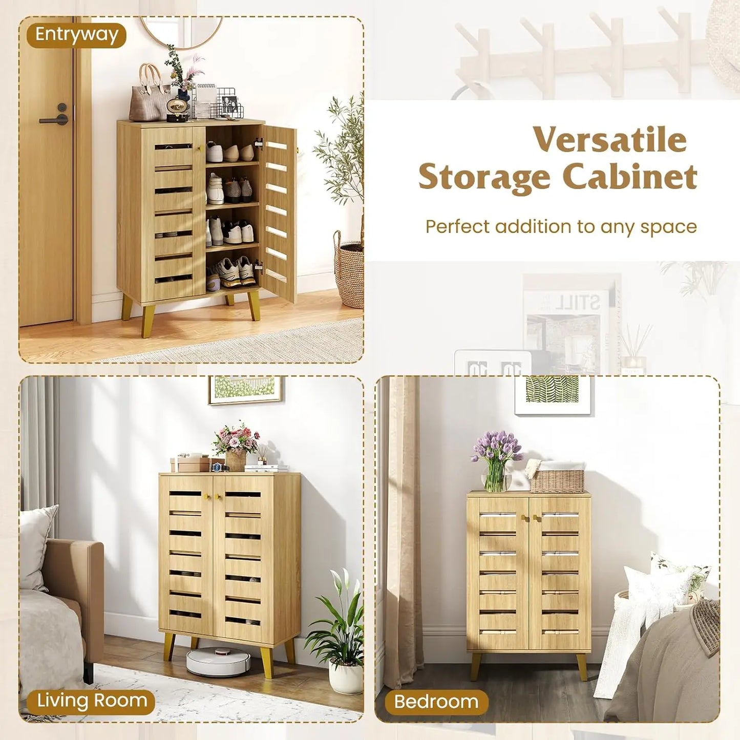 Shoe Cabinet With Doors Freestanding Shoe Rack Ventilated Slatted Shelves
