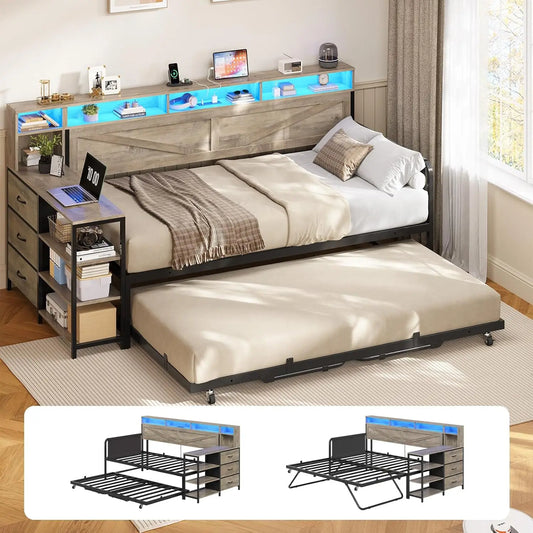 BIANXIANG Daybed With Trundle And 3 Storage Drawers Headboard Farmhouse