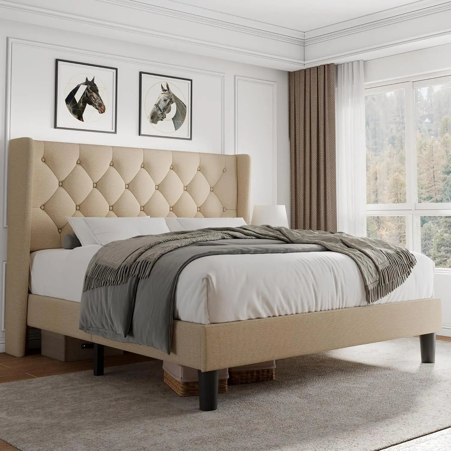 Queen Velvet Platform Bed With Button Tufted Upholstery And Wood Slats