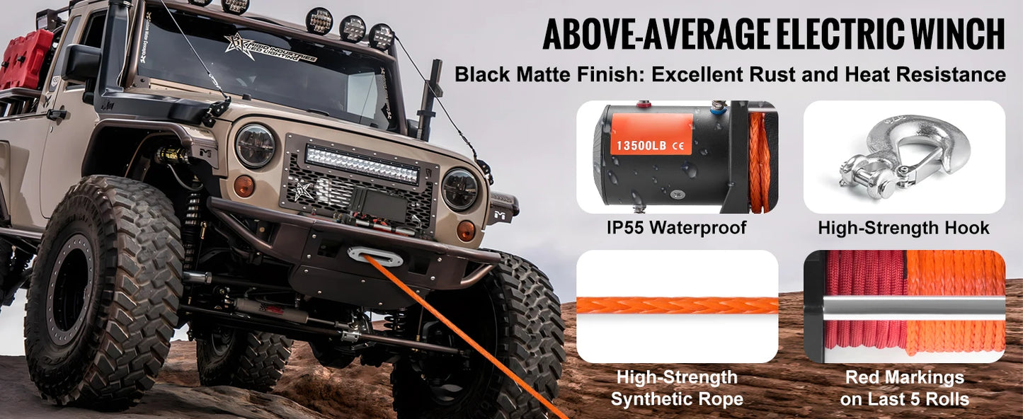 SucceBuy 13500Lbs Electric Winch With 80ft Synthetic Rope Remote Control