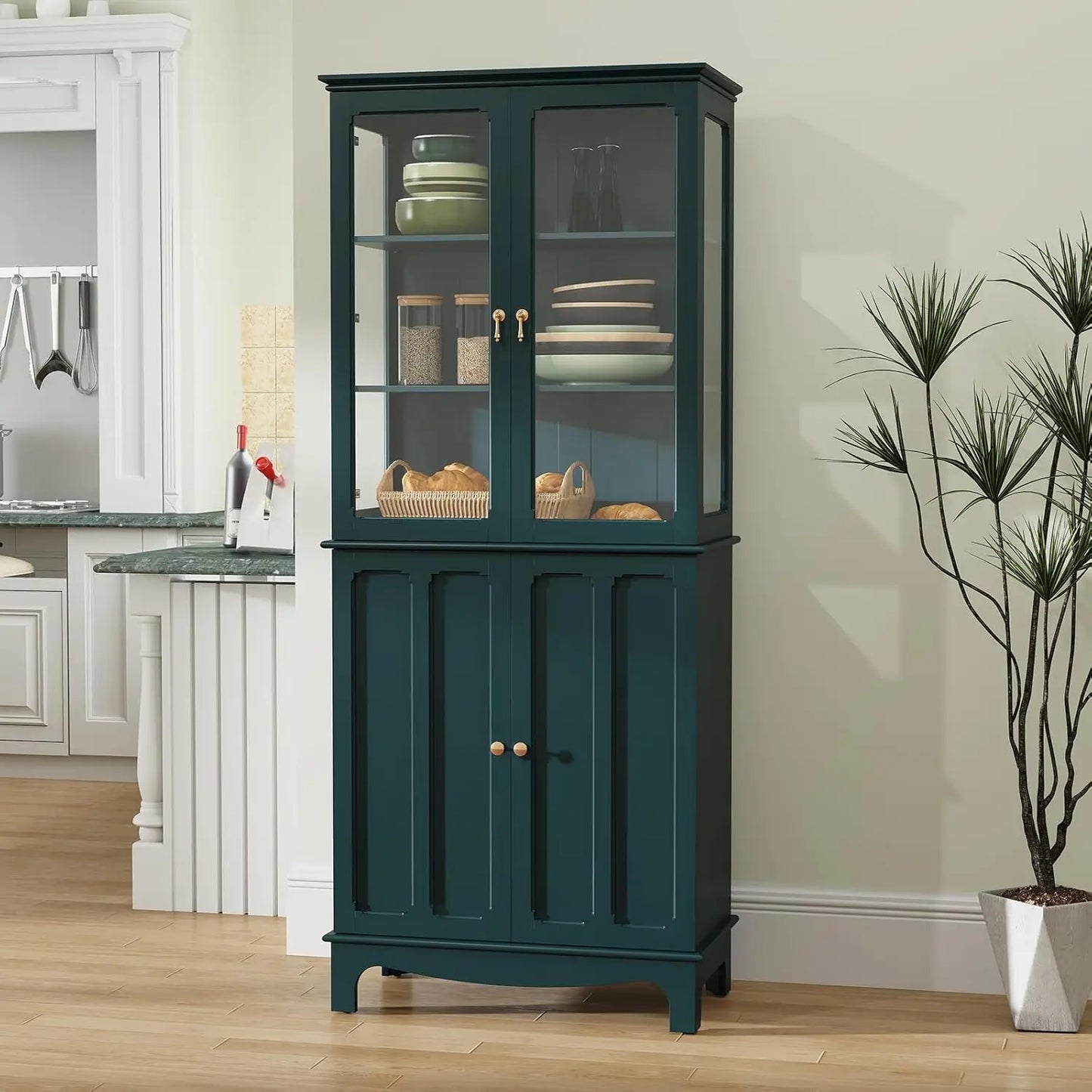 Guangbai Freestanding Kitchen Pantry With Glass Door And Adjustable Shelves