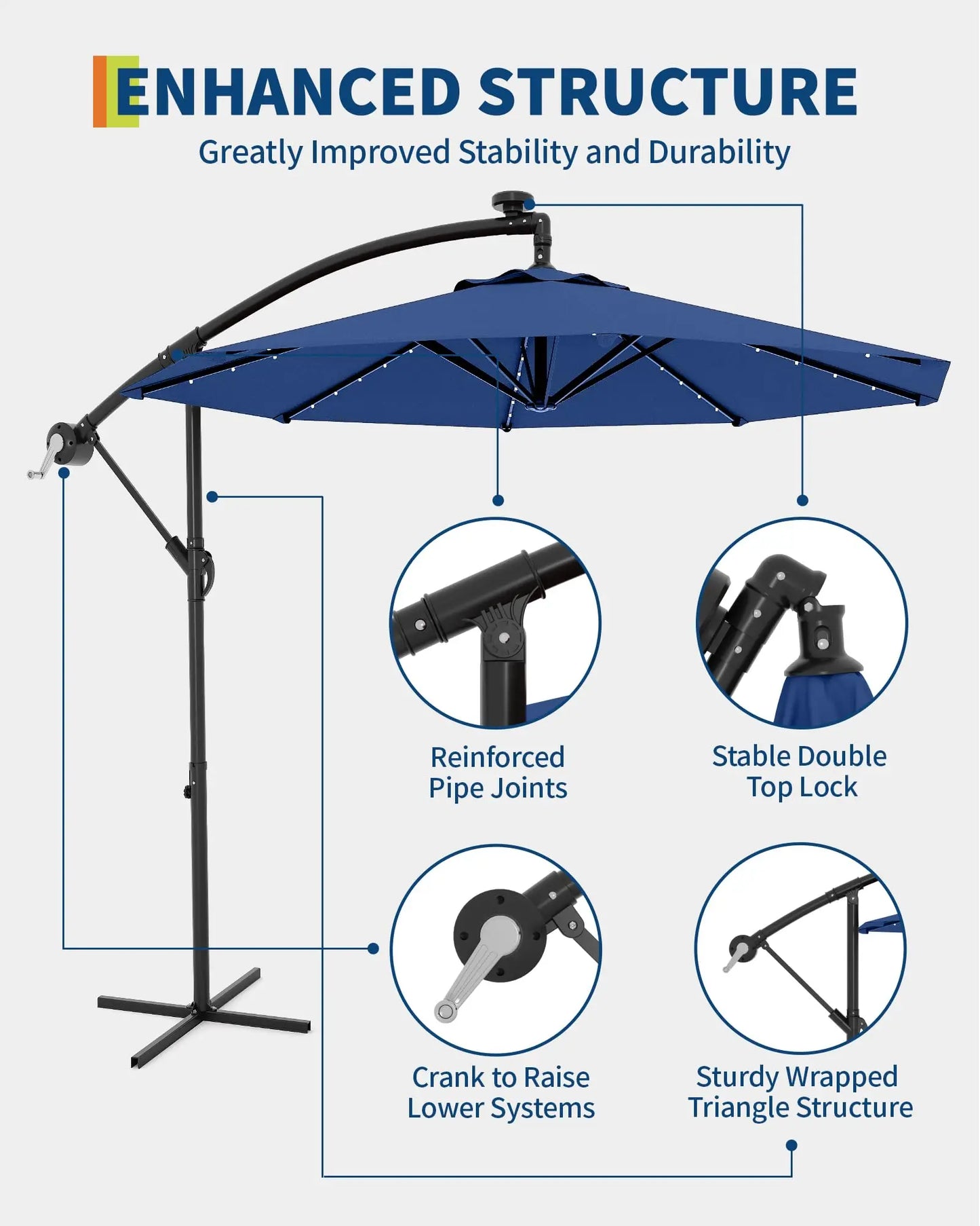 HiMISS Offset Cantilever Patio Umbrella With Solar Led Lights
