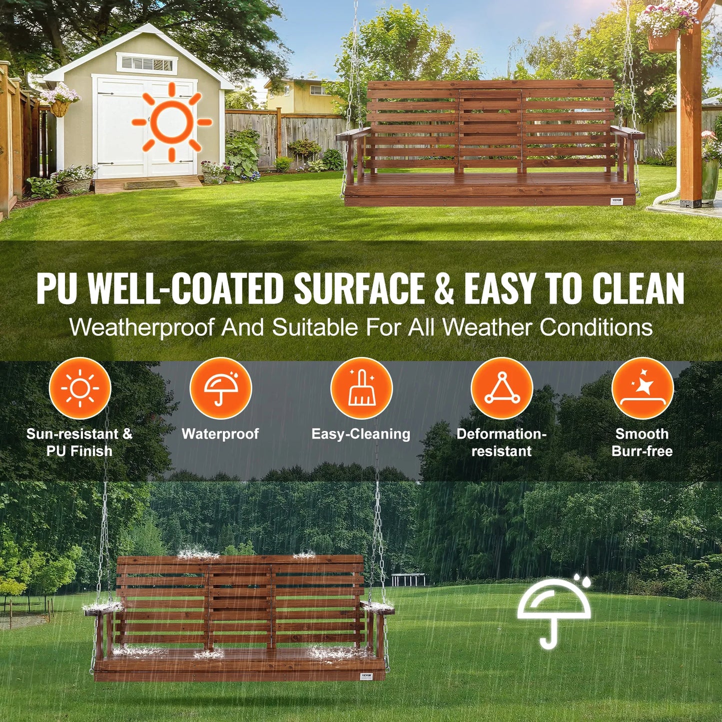 SucceBuy Wooden Porch Swing Outdoor Patio Bench Garden Seat