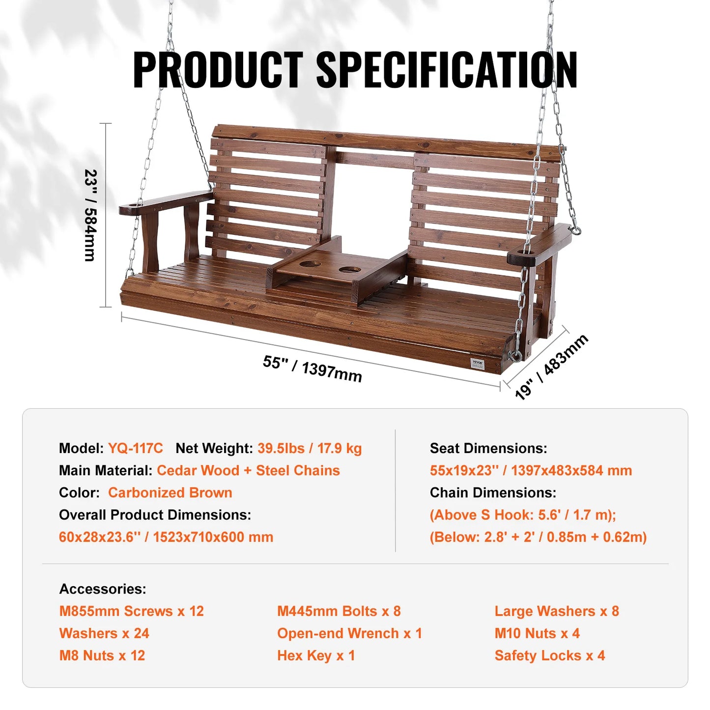 SucceBuy Wooden Porch Swing Outdoor Patio Bench Garden Seat