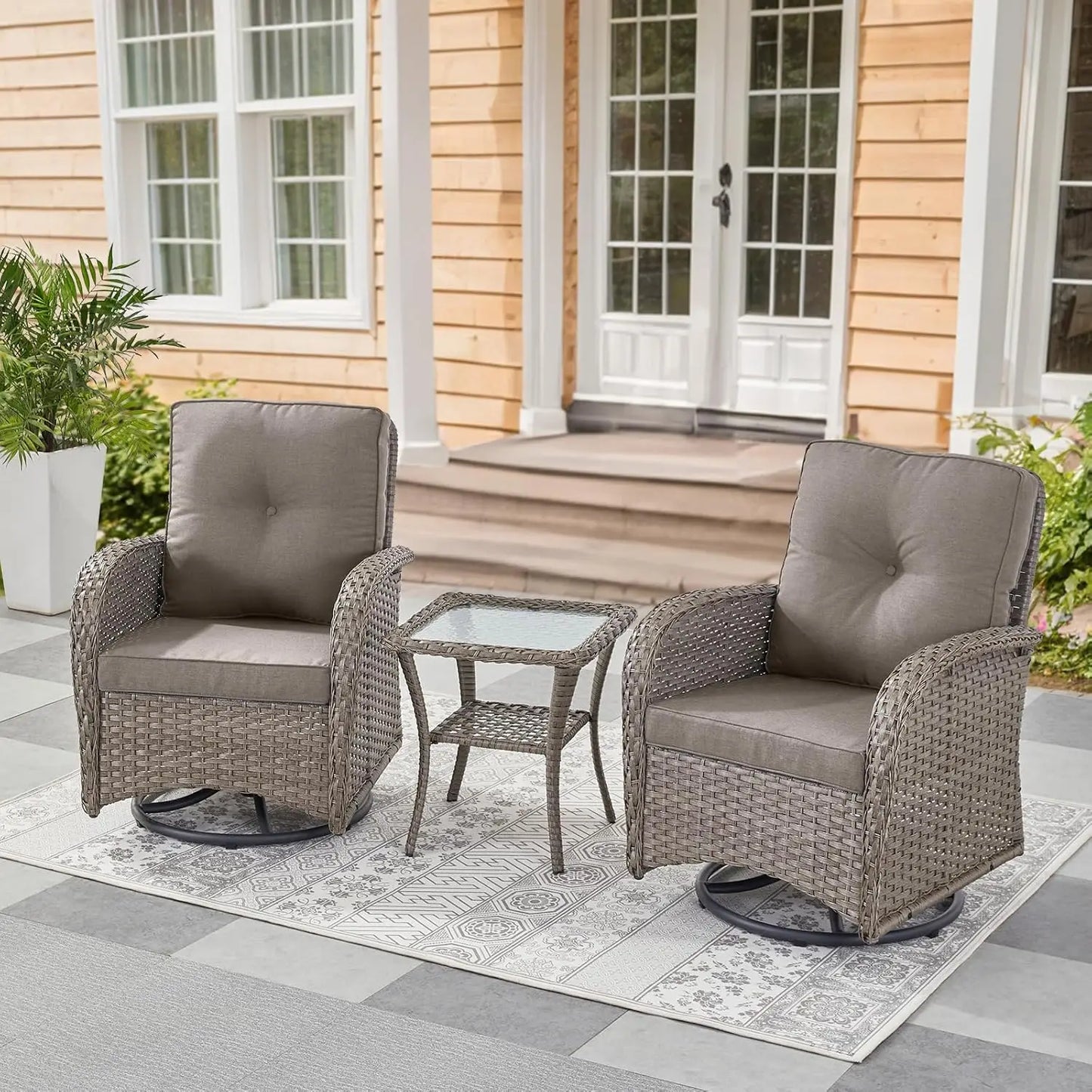 Wooden Outdoor Wicker Patio Swivel Rocker Glider Chairs Set With Side Table