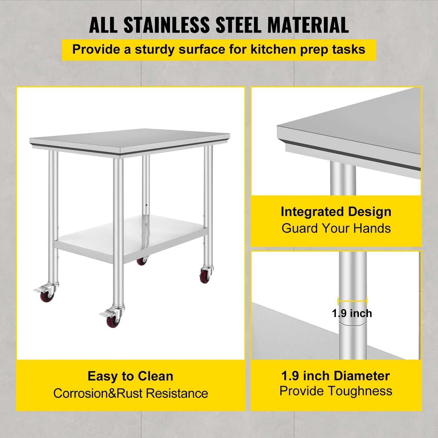 SucceBuy Stainless Steel Kitchen Work Table With Casters For Home