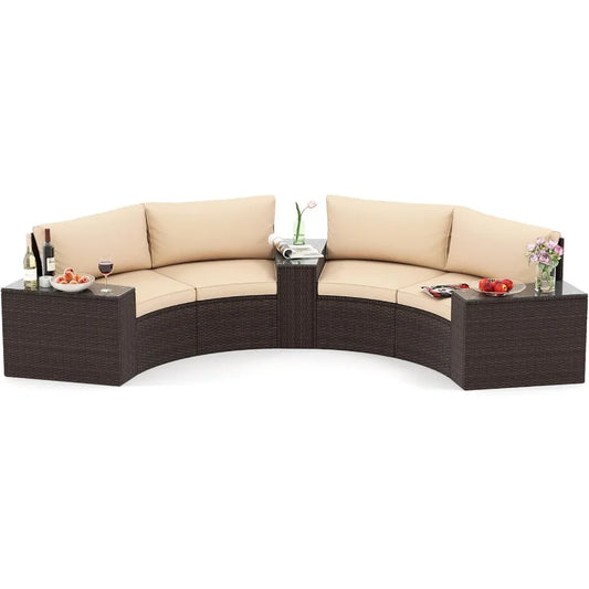 PE Rattan Half Moon Patio Sectional Set With Glass Tables