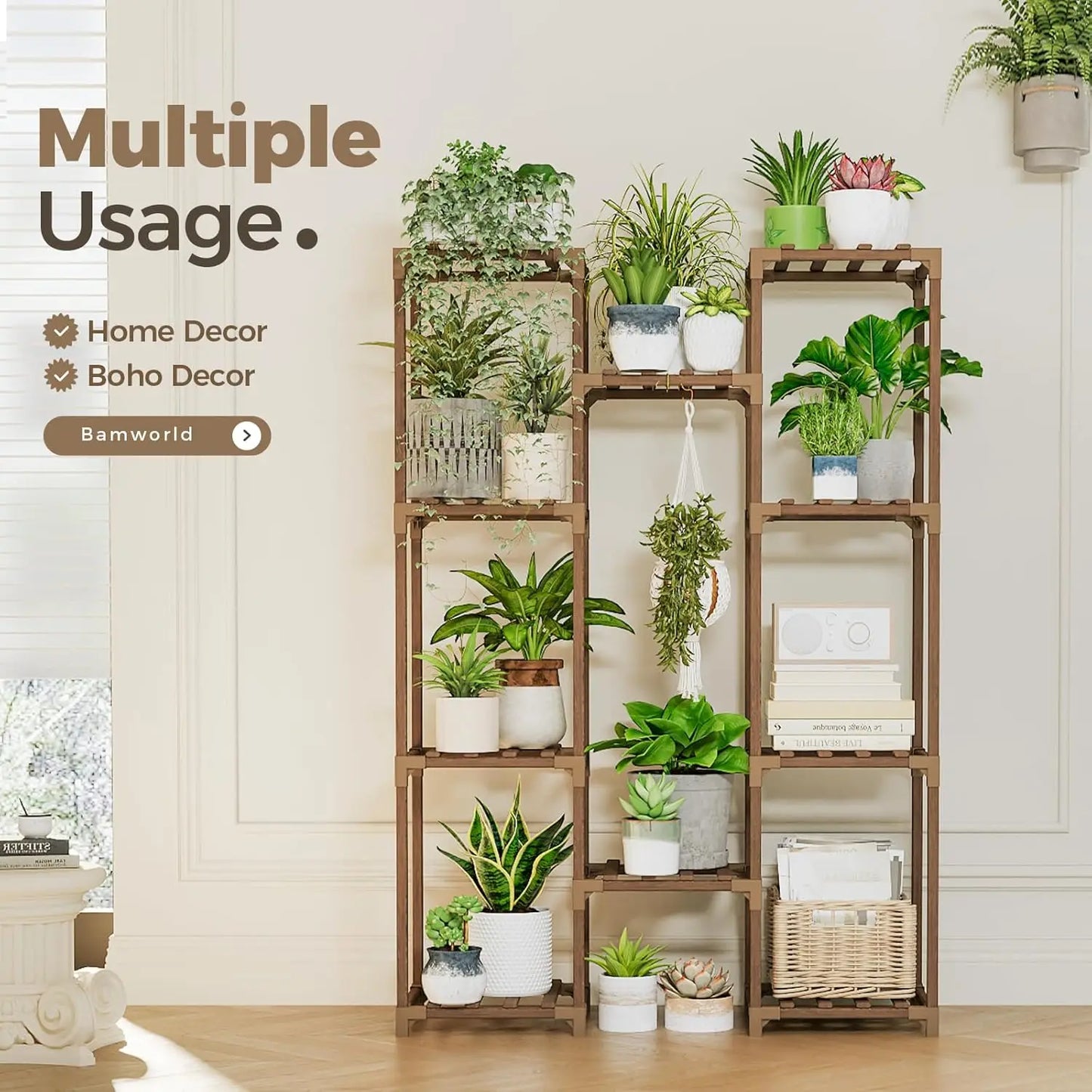 Wooden Plant Stand With 10 Shelves For Indoor Decor