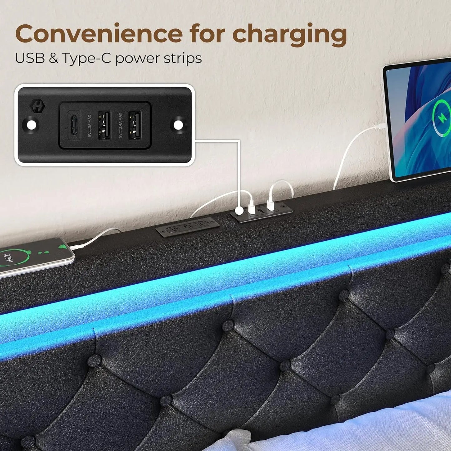 Queen Bed Frame With LED Lights And Charging Station