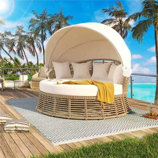Outdoor Patio Rattan Round Daybed With Retractable Canopy
