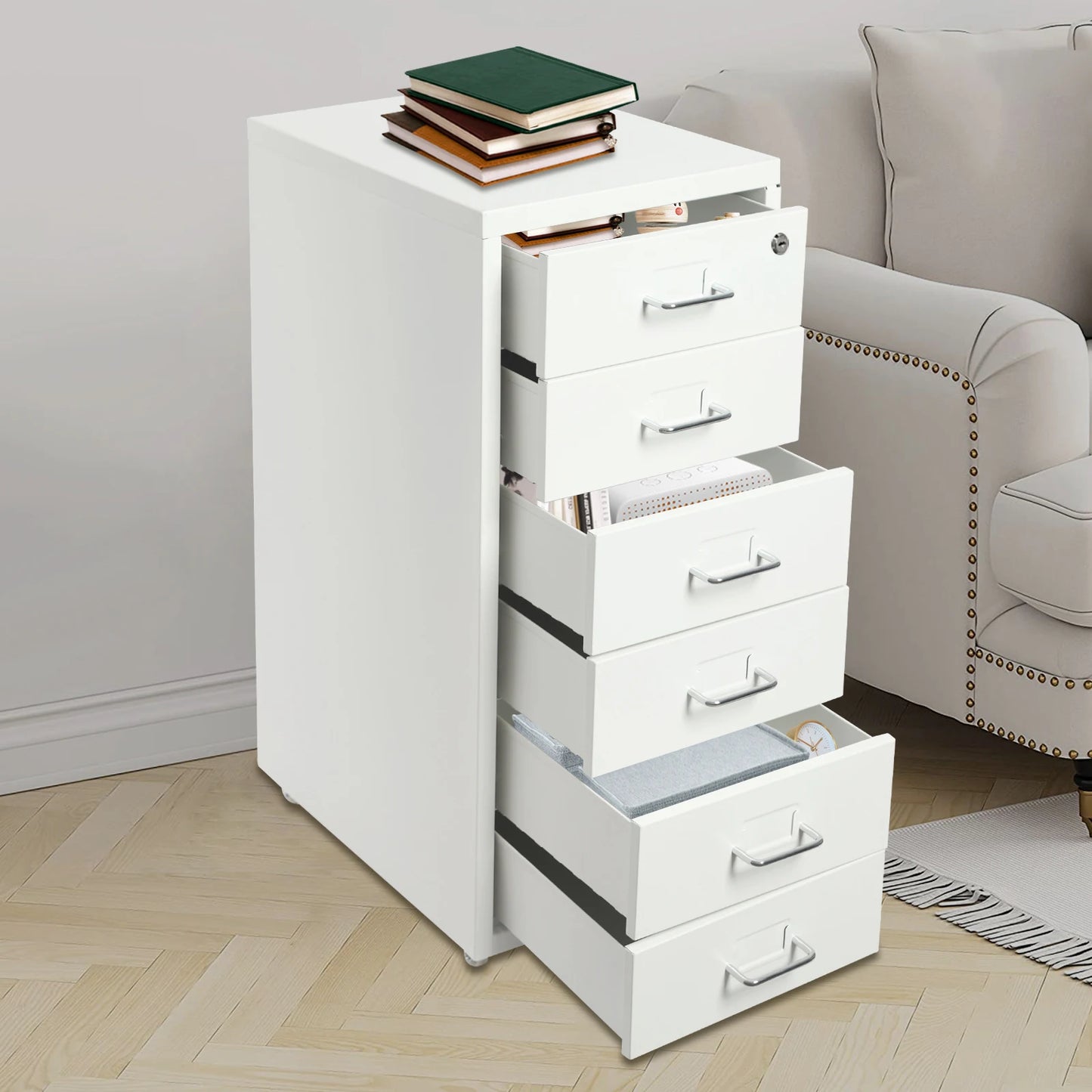 6 Drawer File Cabinet With Lock Metal Rolling Organizer For Office
