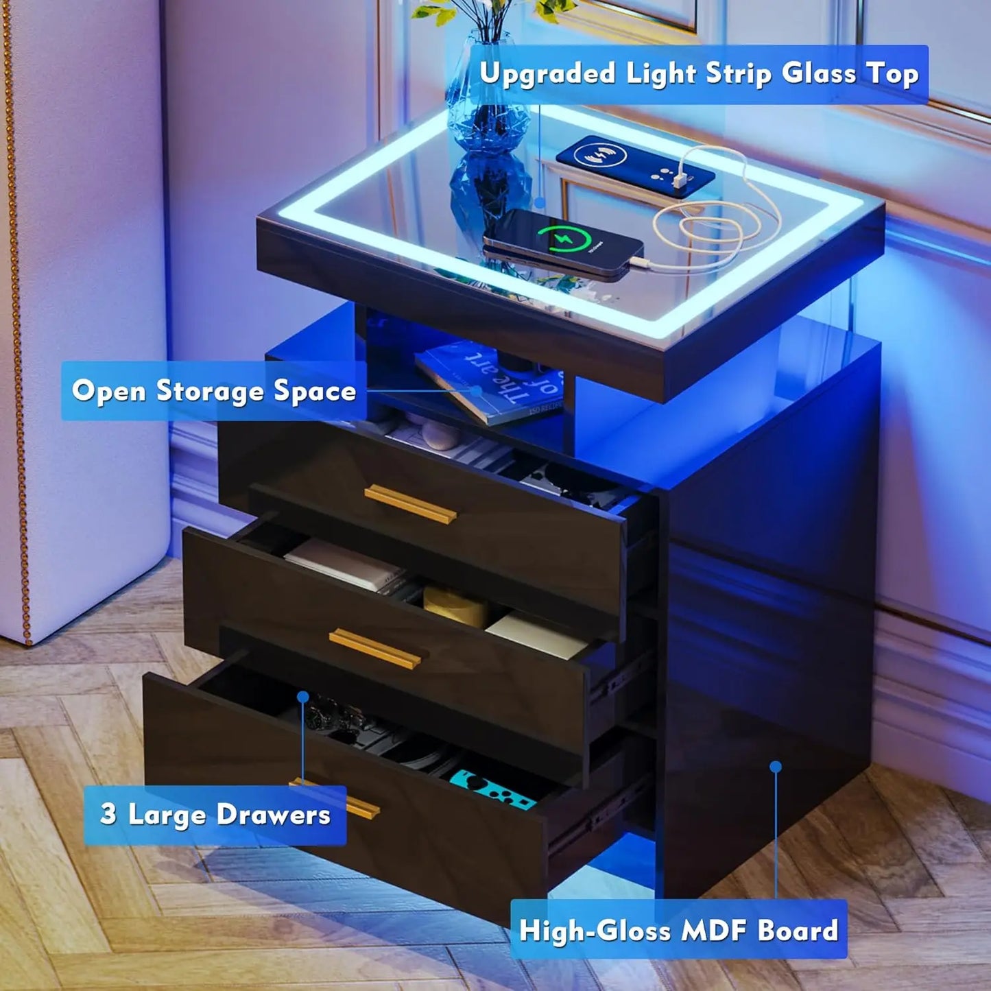 Nightstands Set With Wireless Charging Auto Sensor Led End Tables